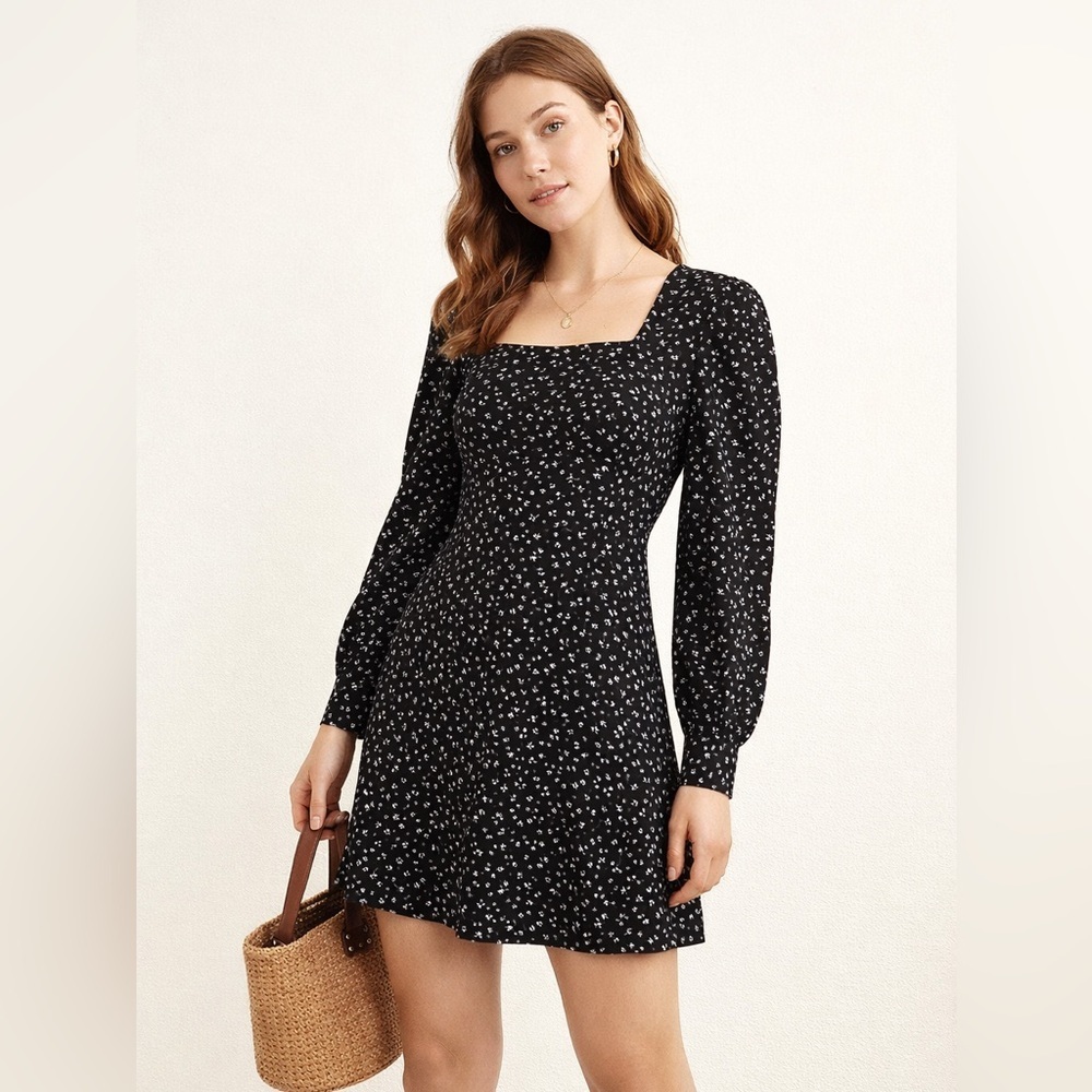 Madewell Black Ditsy Floral Mini Dress Puff Sleeve Cottagecore Square Neckline 2
